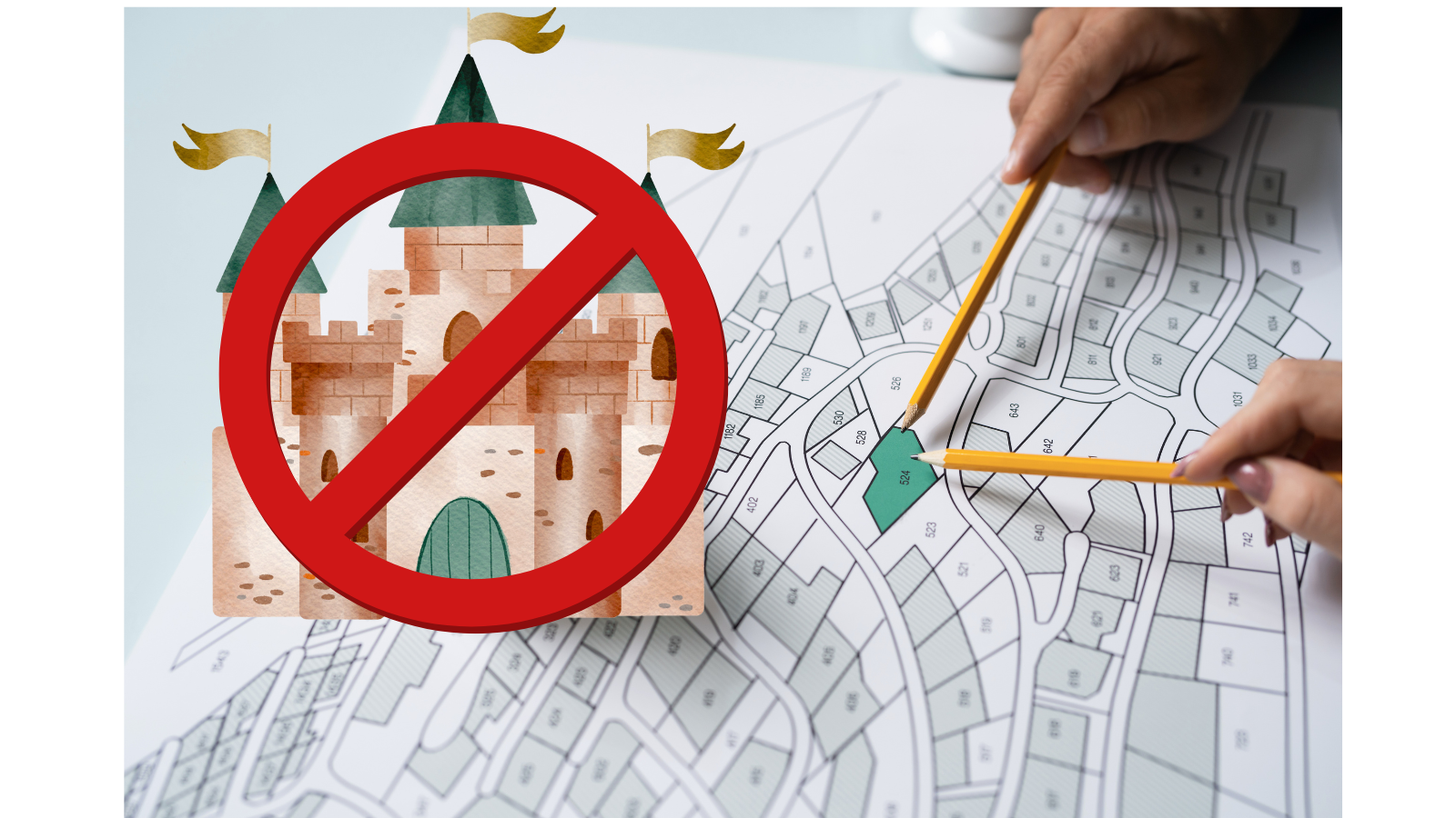 No castles Map with a parcel highlighted and two pencils pointing to it. There is an image of a castle overlaid over the map with a red circle with diagonal slash