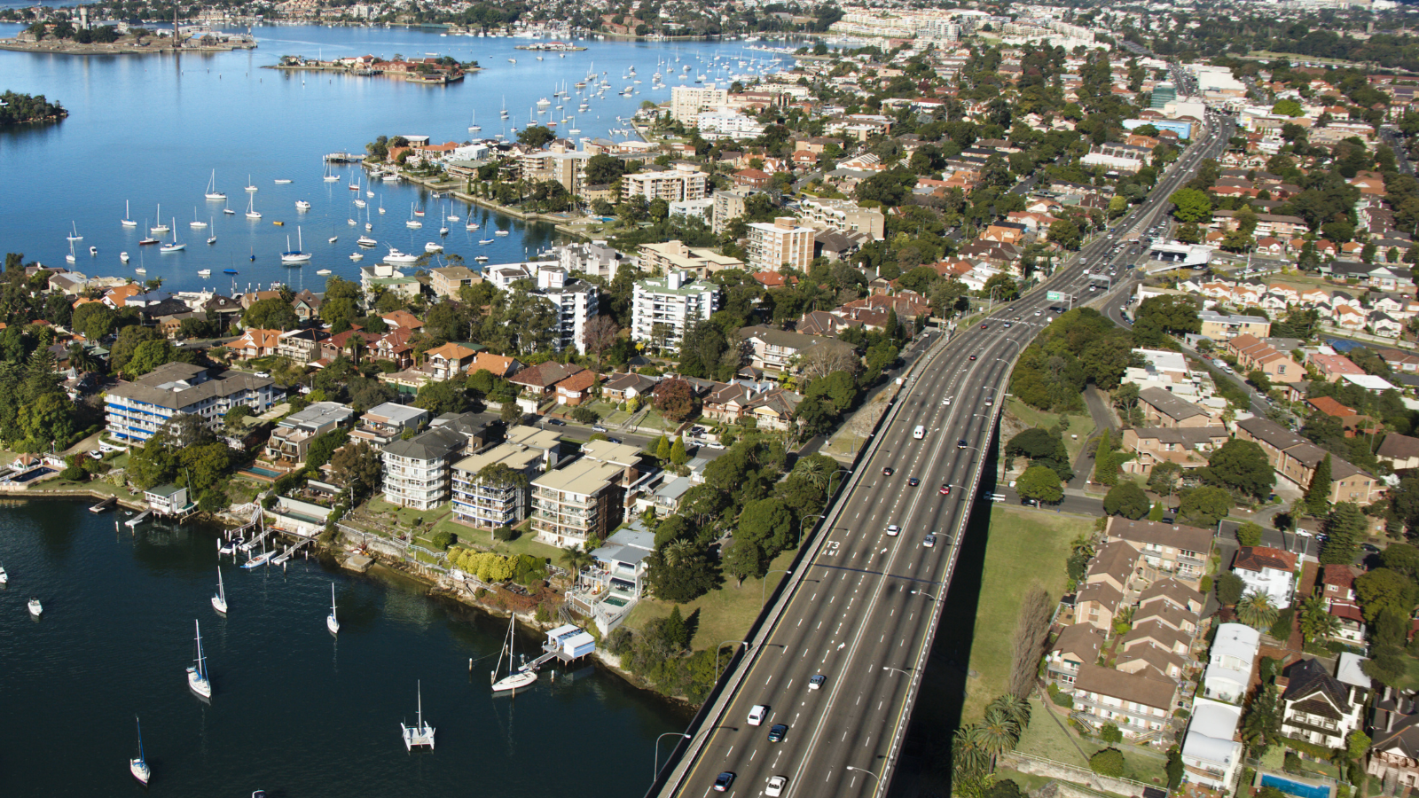 Aerial view of Drummoyne Bridge and Victoria Road