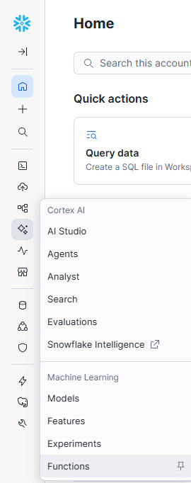 hover over Snowflake’s Cortex AI offerings and select “Functions” Hover over Snowflake’s Cortex AI offerings and select “Functions”