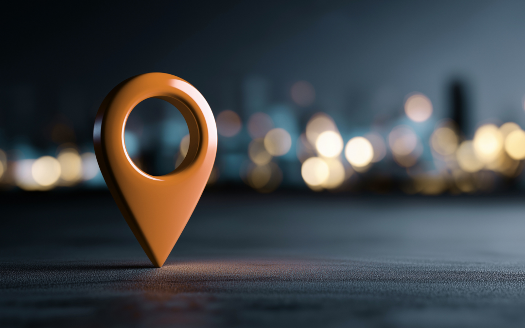 Location drop pin in bronze with blurred lights in the background