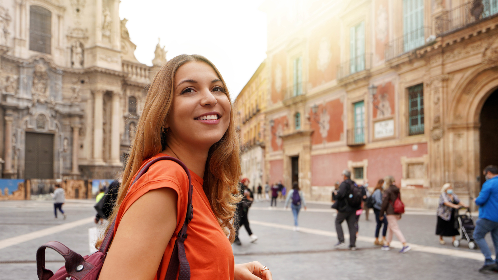 A woman travels in Europe